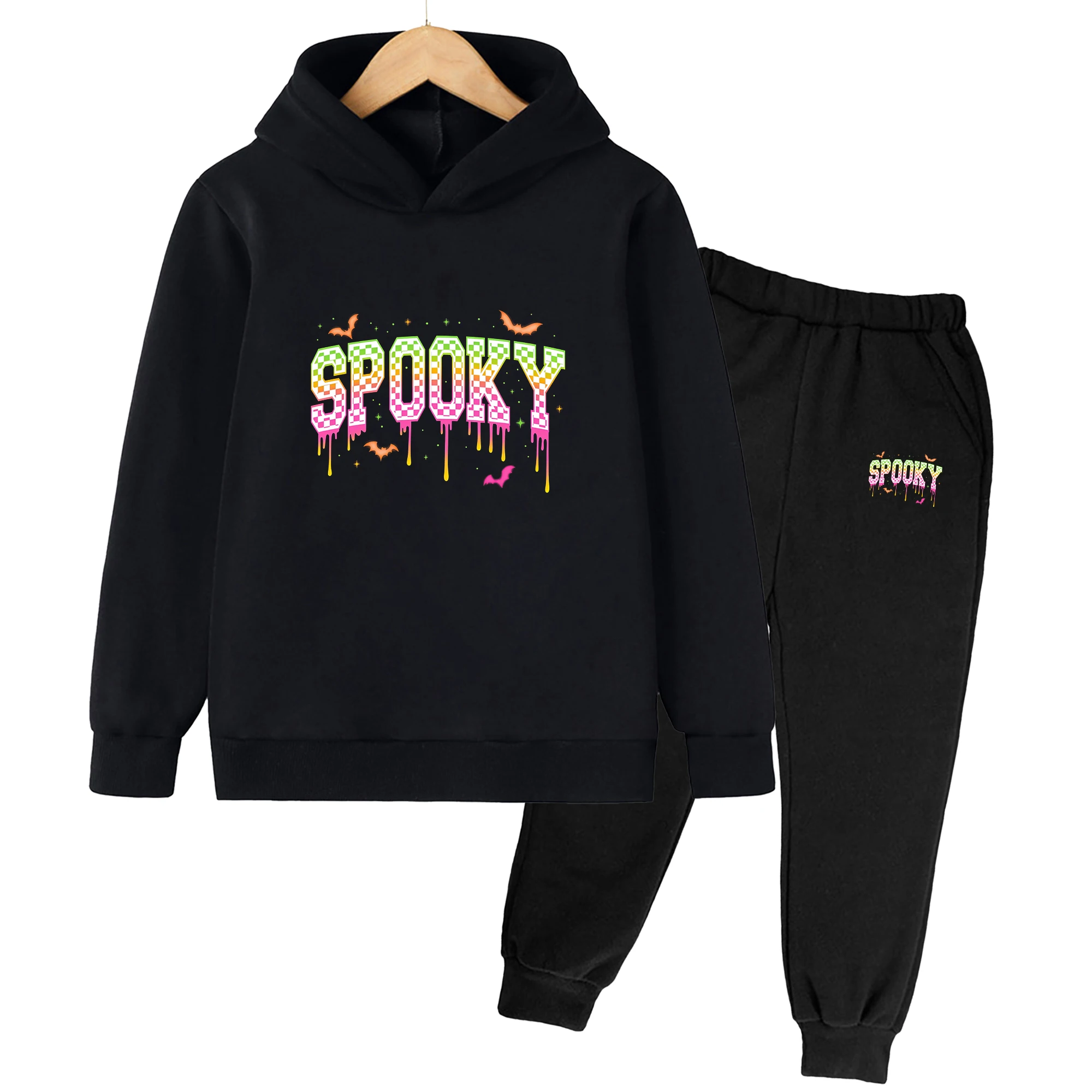 Kids Hoodies Sweatshirts Pants Set Fleece Y2K Spooky Letter Printed Halloween Bat Children Clothing Autumn Winter Streetwear
