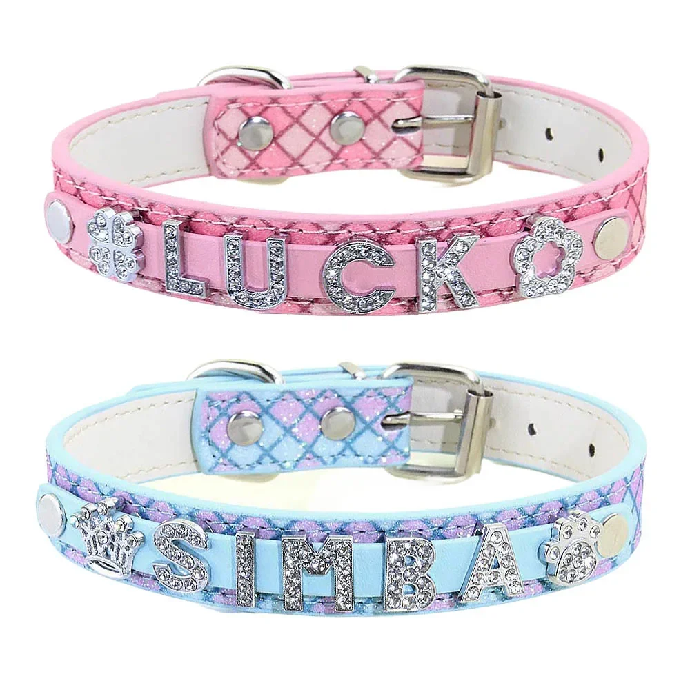 Bling Rhinestone Puppy Dog Collars Personalized Small Dogs Chihuahua Collar Custom Cat Necklace Free Name Charms Pet Accessories