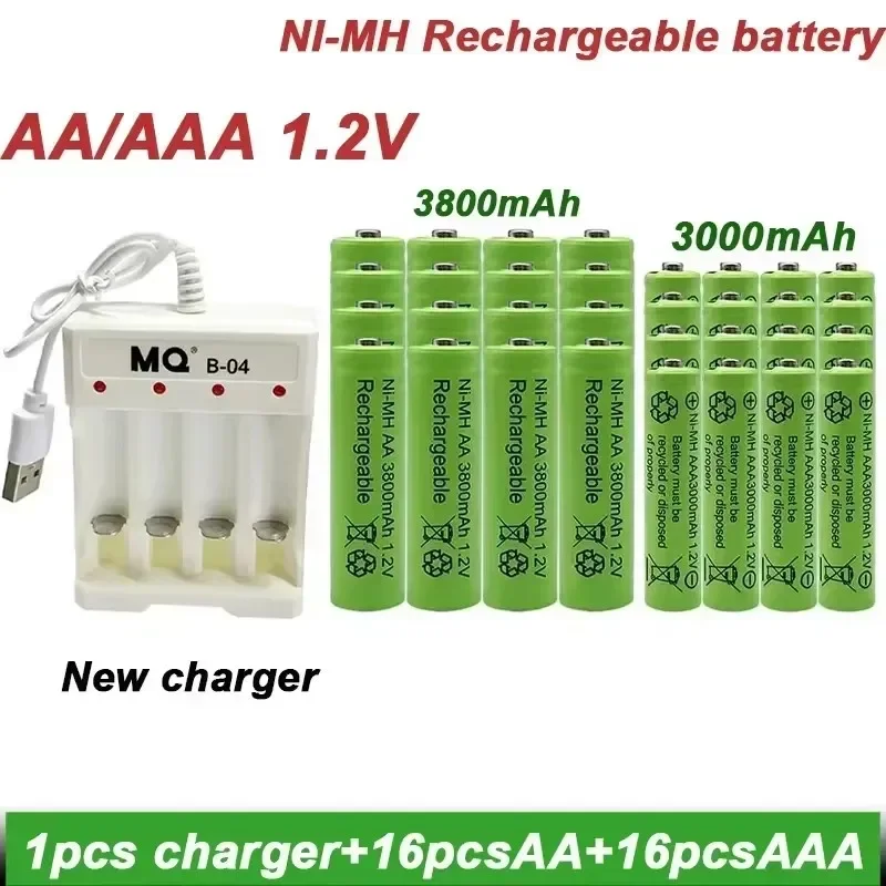 Batteria ricaricabile da 1,2 V AA 3800 mAh NI-MH + AAA 3000 mAh + NUOVO caricabatterie AA Batteria ricaricabile Batteria AA da 1,2 V NI-MH