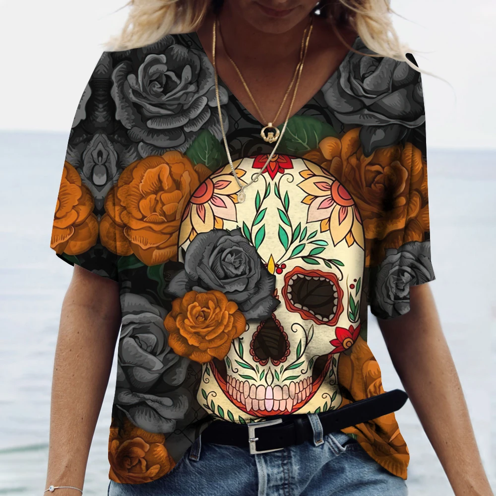 Skulls T-shirt Women's Shirt Fashion Short Sleeve New Casual Top Tee Ladies Girl Clothing V Neck T Shirt For Women