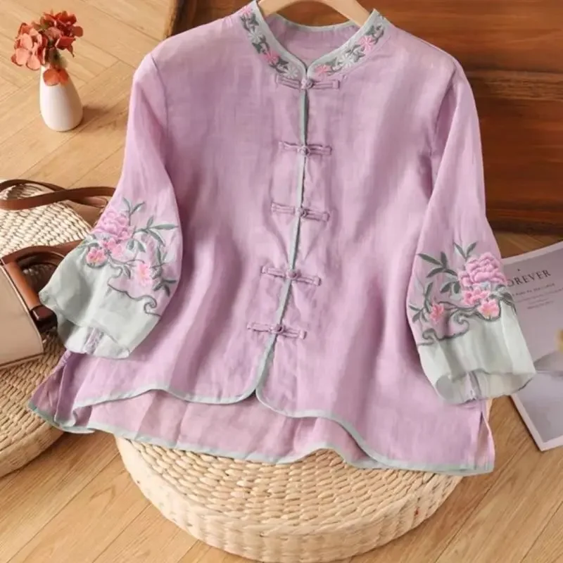 Summer New Color Stand Collar Pan Button Embroidery Spliced Gauze 3/4 Sleeve Fashion Elegant Loose Women's Shirt Blouse B621