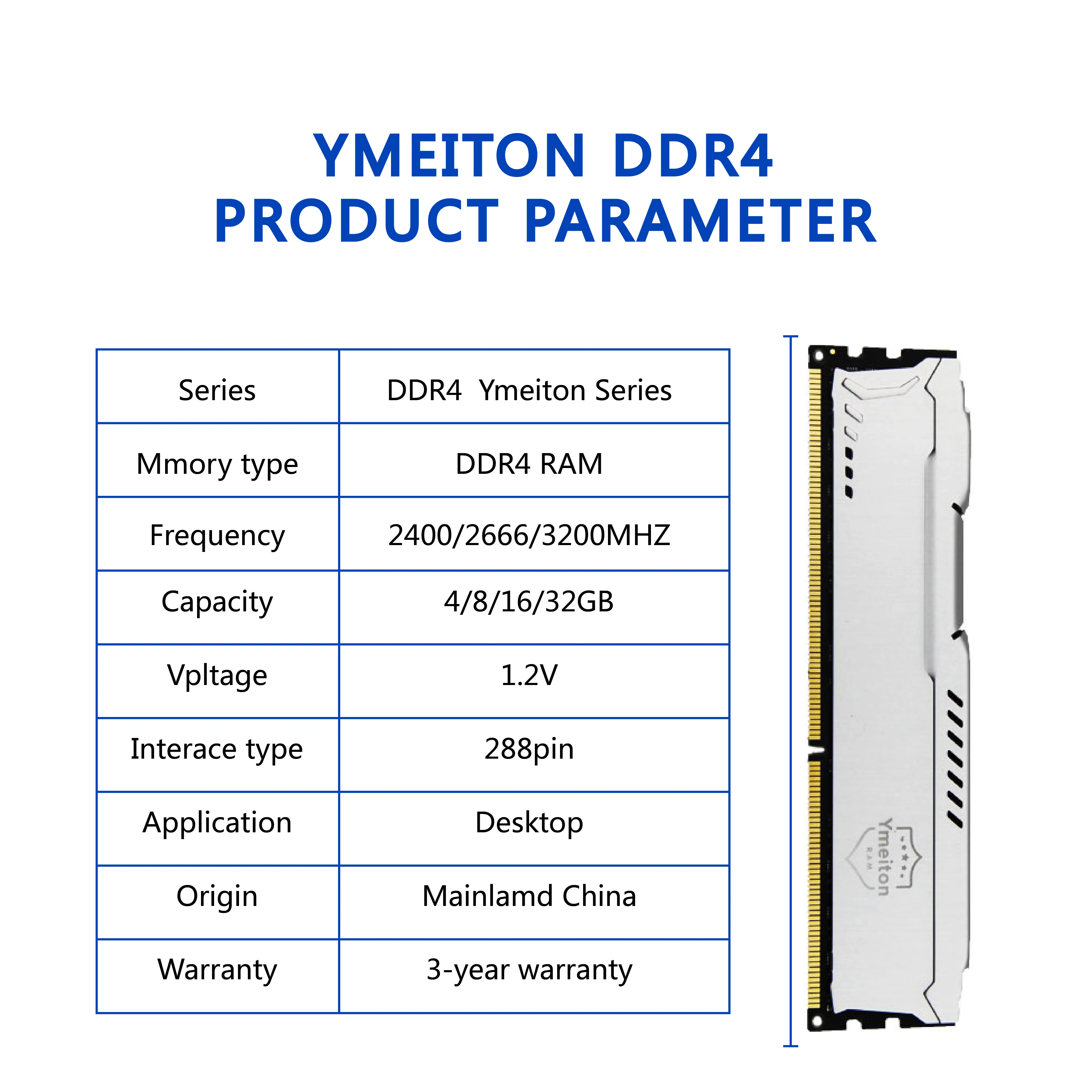 2PCS Ymeiton pc memoriam ram ddr4 Memoria Desktop Memory  4GB 8GB 16GB 32GB 2666MHz 3200MHz DIMM DDR4 RAM wholesale