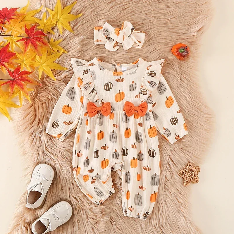 

Baby Girl Halloween Romper Pumpkin Print Ruffled Long Sleeve Crew Neck Jumpsuit with Bow Headband