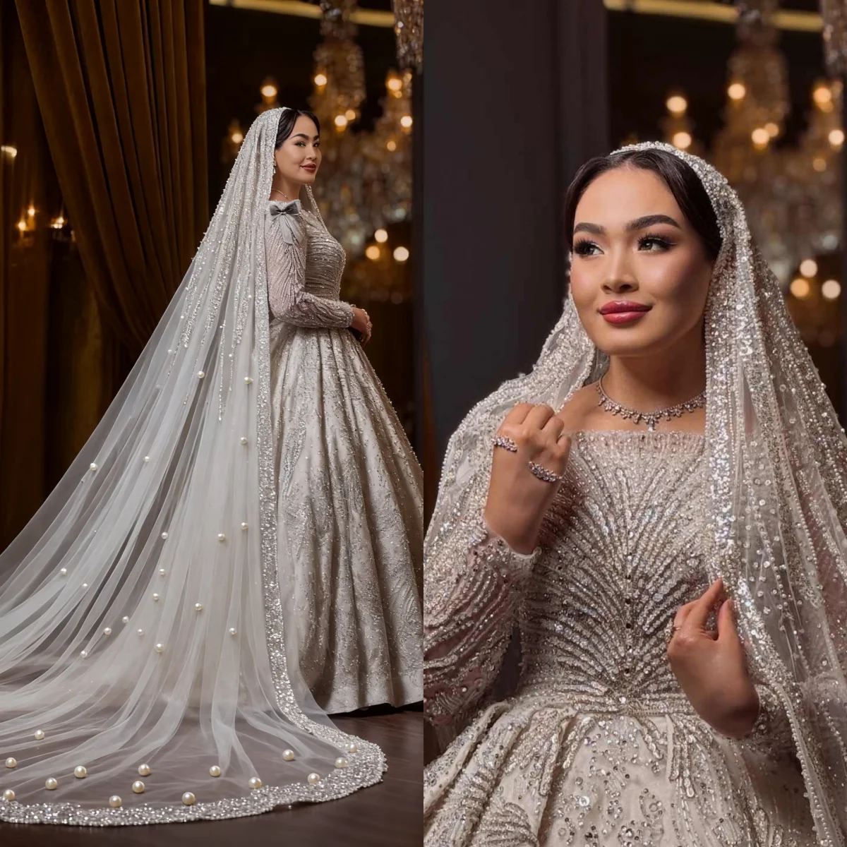 

Exquisite Sequins One Layer Wedding Dresses Long Cathedral Length Pearls Bridal Veils Soft Veils Wedding Accessories