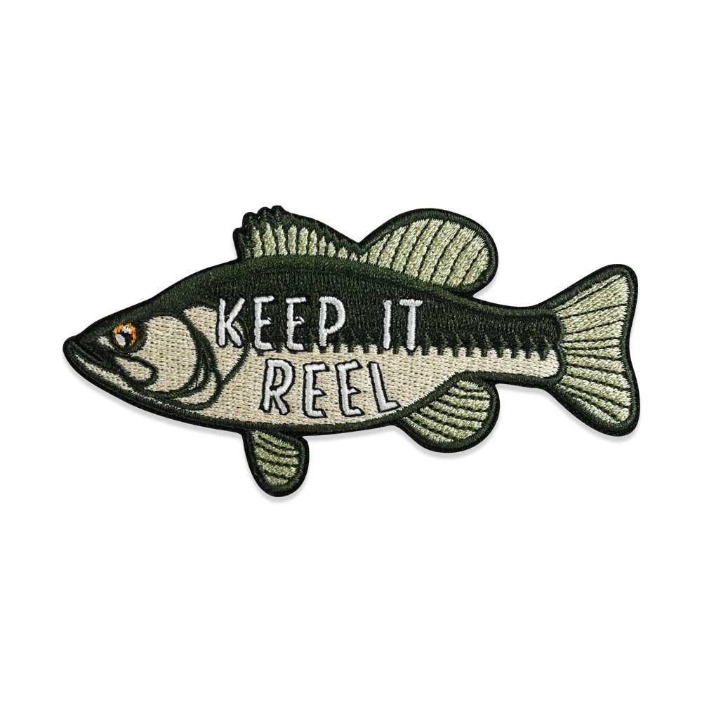 Keep It Reel Large Mouth Bass Freshwater Fish Embroidered Patch Iron On Lake Life Fishing Nature Lover DIY Applique Clothing