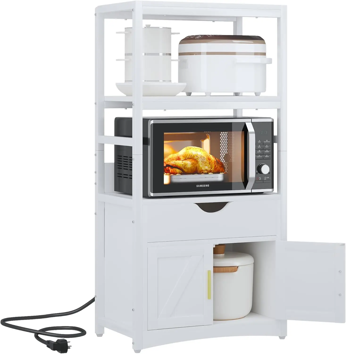 

2-Tier Kitchen Pantry Cabinet with Charging Station, Freestanding Tall Storage for Microwave, White