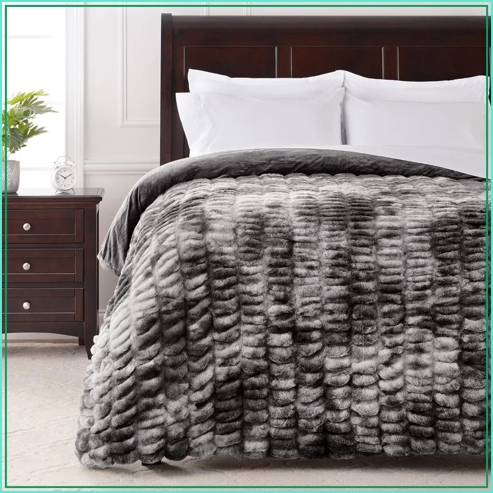 Premium Ruched Faux Fur Throw Blanket Reversible Mink Dark Gray Soft Cozy for Couch Bed