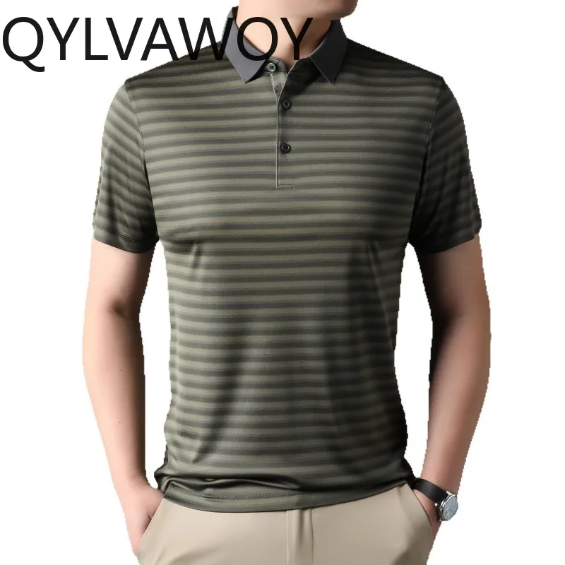 

QYLVAWOY Summer Polo Men's Shirts Striped Thin T Shirts for Man High Quality Shirts Ropa Hombre Casual Short Sleeve Tops Loose