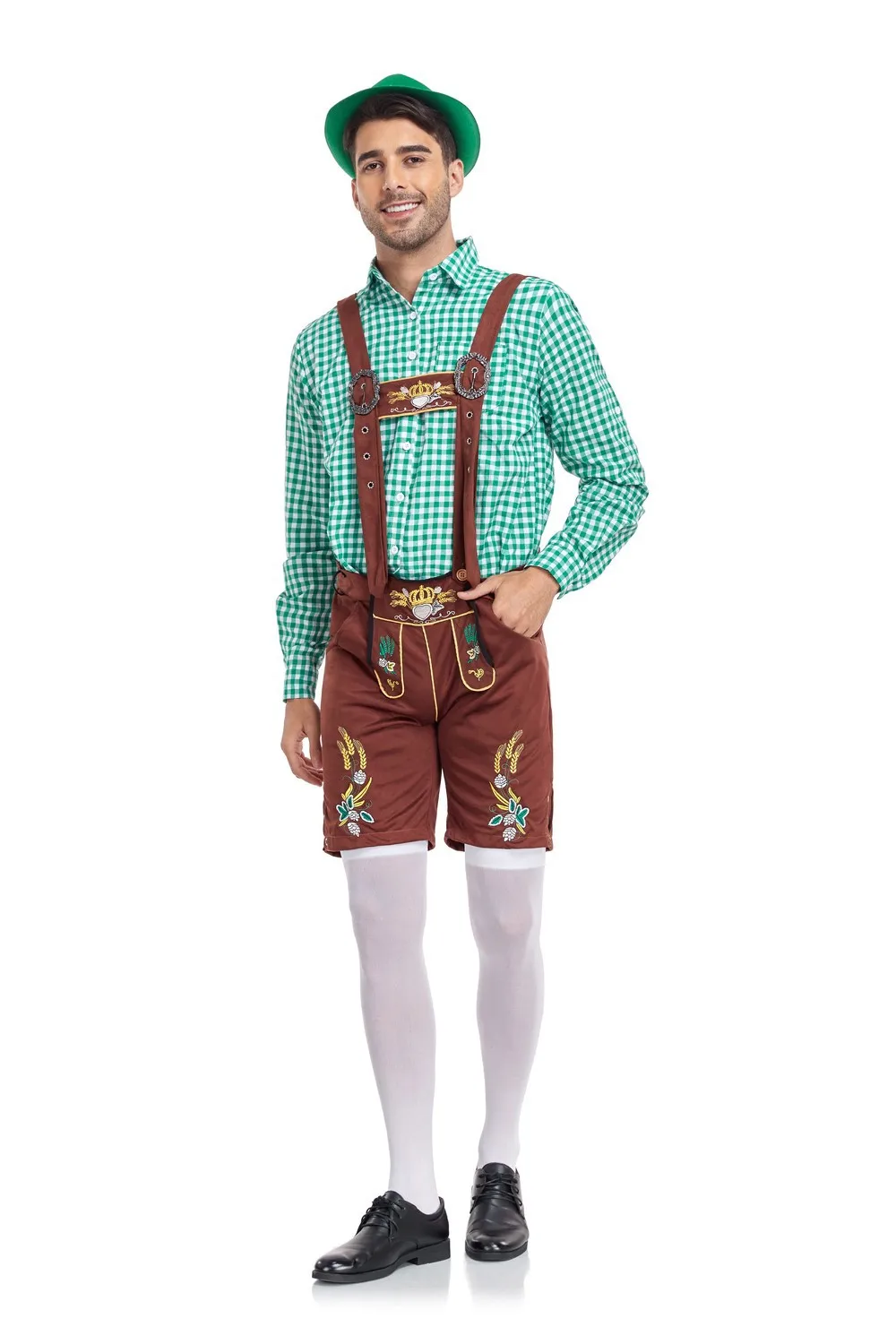 Abito da birra tradizionale tedesco Oktoberfest camicia scozzese da uomo con bretelle di birra