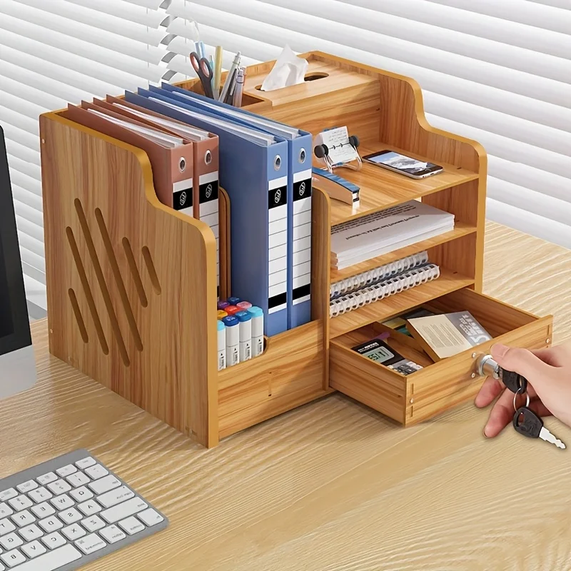 

Solid Wood Compact Desk Storage Box with 2 Drawers and Open Shelf - Pencil Holder, Pencil Cup, Document Storage