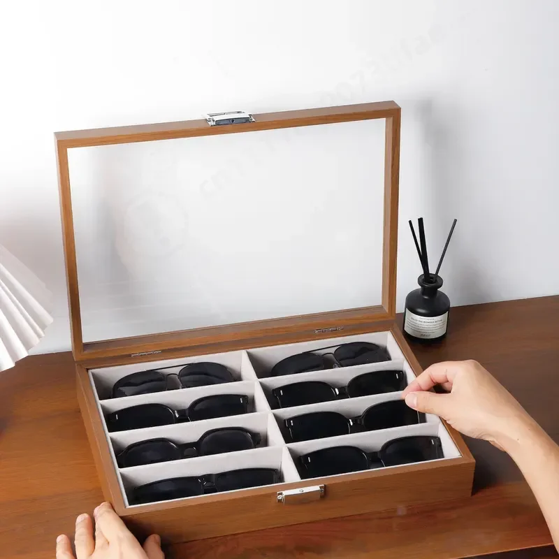 8 Grid Black Walnut Wooden Glasses Storage Box Sunglasses Display Case Large Capacity Dustproof Collection Box