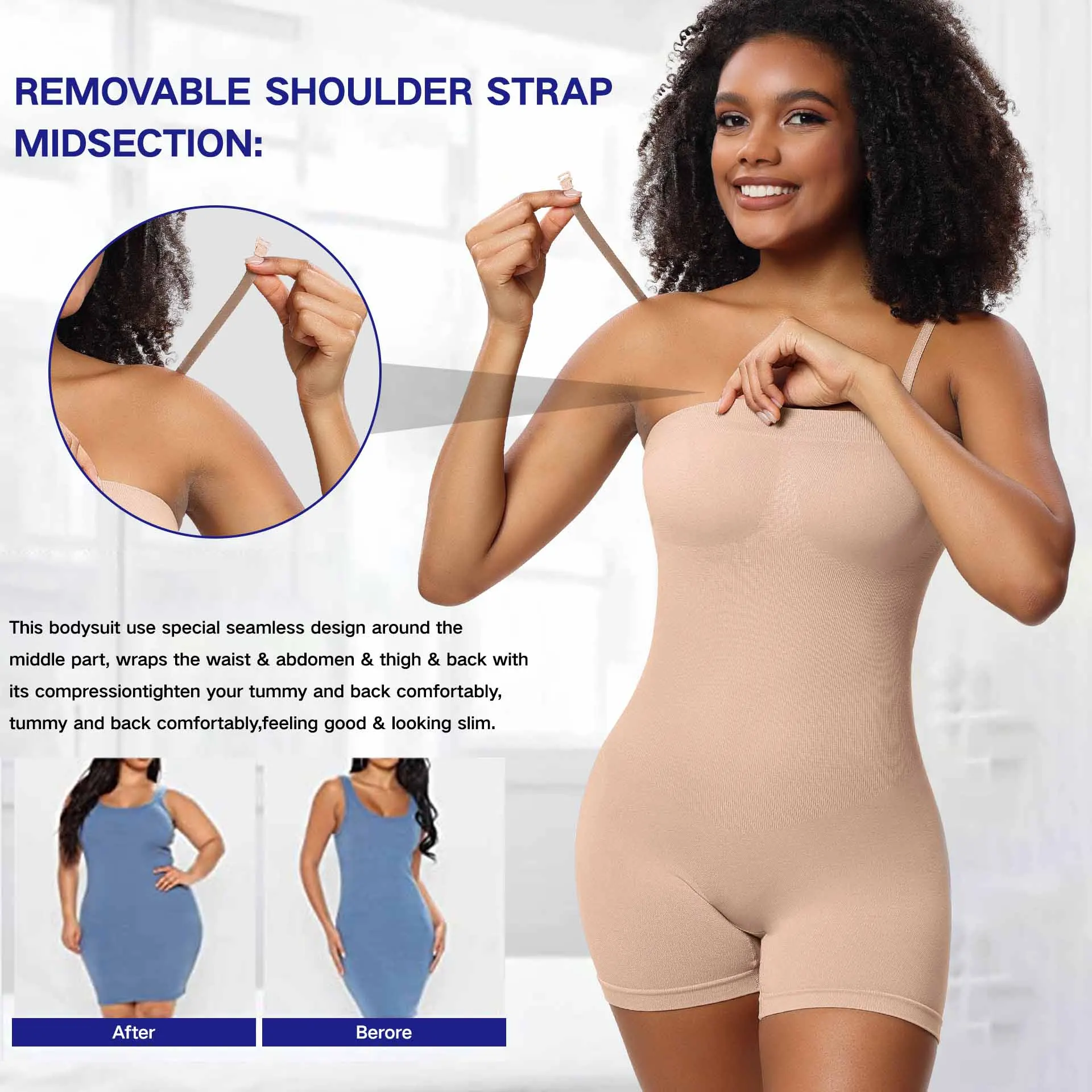 Women's Shapewear Removable Straps Bodysuits Tummy Control Butt Lifter Body Shaper Strapless Seamless Mid Thigh Jumpsuit Tops