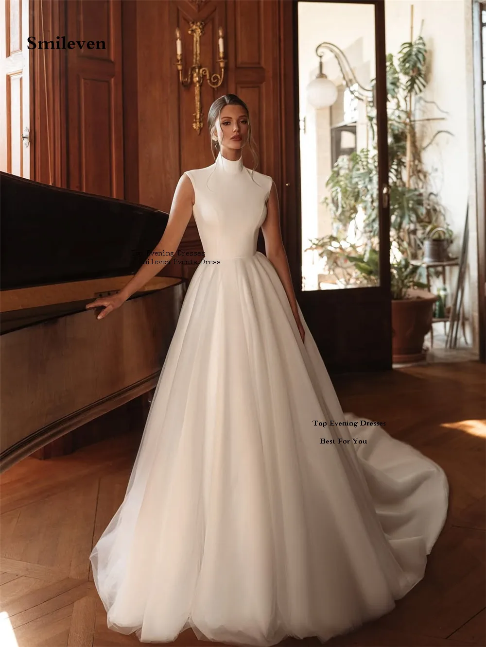 Smileven Cap Sleeve A Line Wedding Dress Sleeveless High Neck Bride Dresses Vestido de novia Train Wedding Gowns Customized