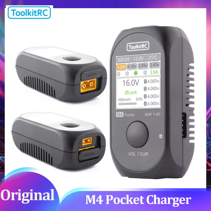 ToolkitRC M4 Pocket 80W 5A MINI Smart Compact Charger Built-in USB-C XT30 XT60 Output For 1-4S Lipo LiHv LiFe Battery