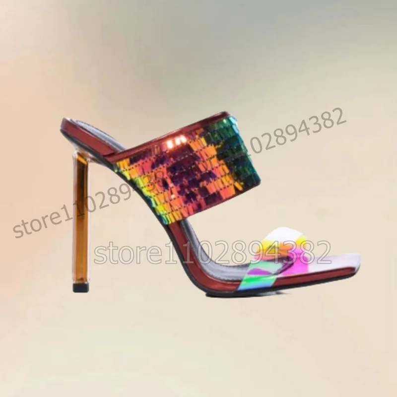 

Rainbow Color Sequins PVC Open Toe Slippers Slip On Women Shoes Thin High Heels Fashion Party Banquet 2023 Zapatos Para Mujere