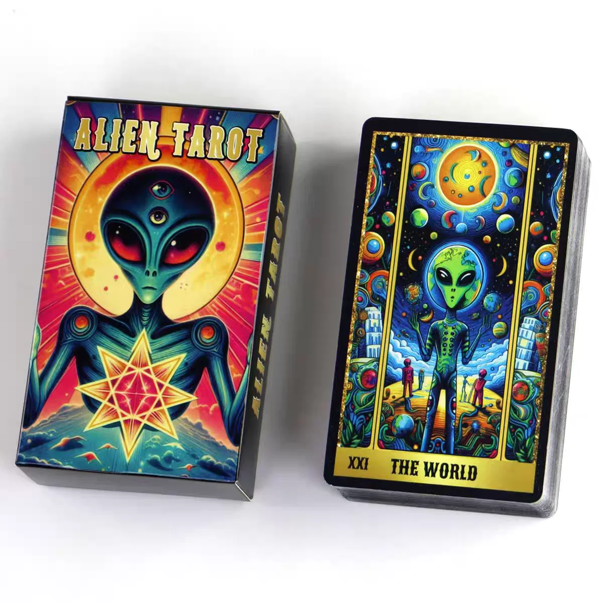 Alien Tarot Deck 78 Cards, Psychedelic Space Themed Tarot Cards, Fortune Telling, Collectible Gift for UFO & Alien Enthusiasts