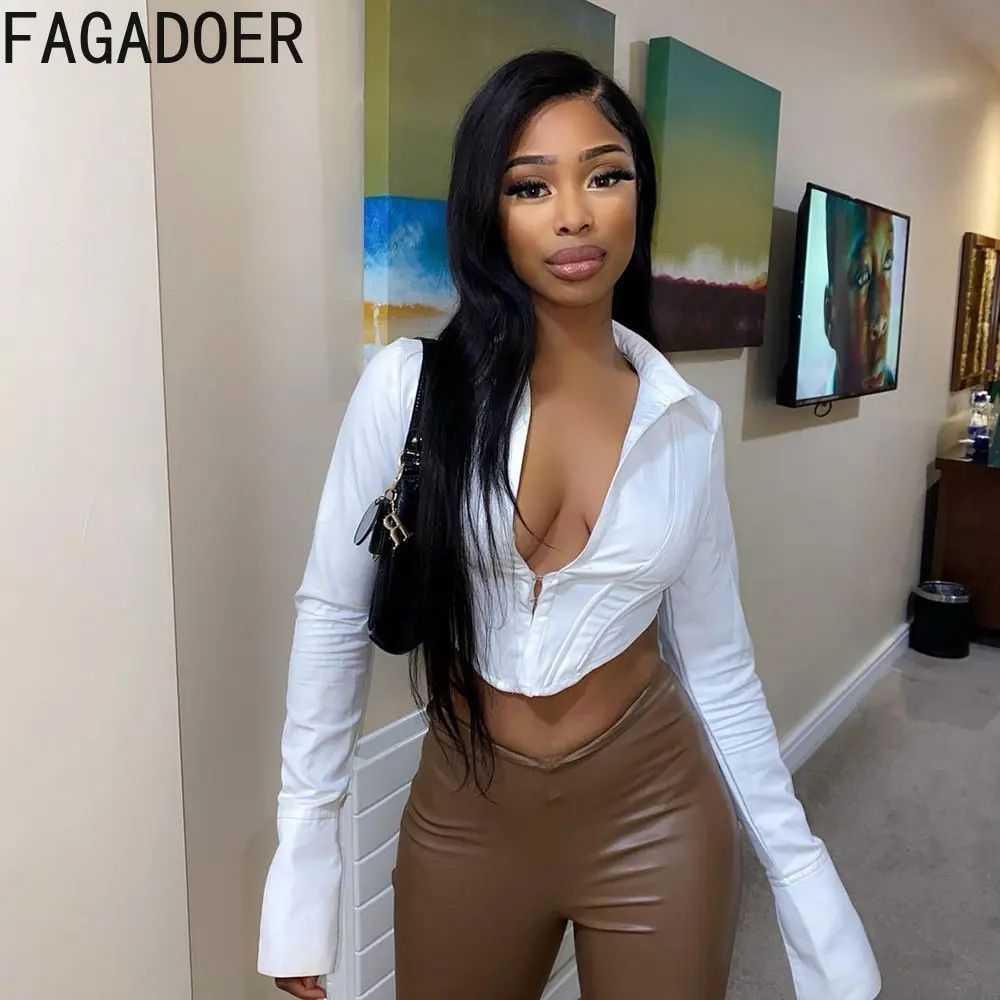 FAGADOER Sexy Deep V Harajuku White Shirts Slim Long Sleeve Crop Top Fashion Y2K Corset Short Tops Women Solid Color Streetwear