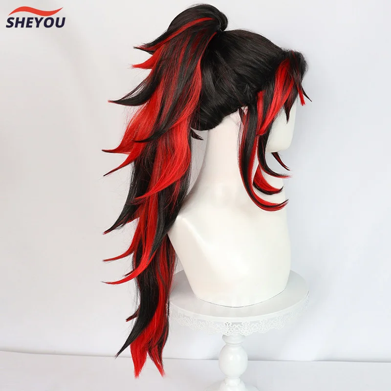 Tsugikuni Yoriichi Cosplay Wig Anime Long Black And Red With Ponytail Heat Resistant Synthetic Hair Anime Cosplay Wigs + Wig Cap