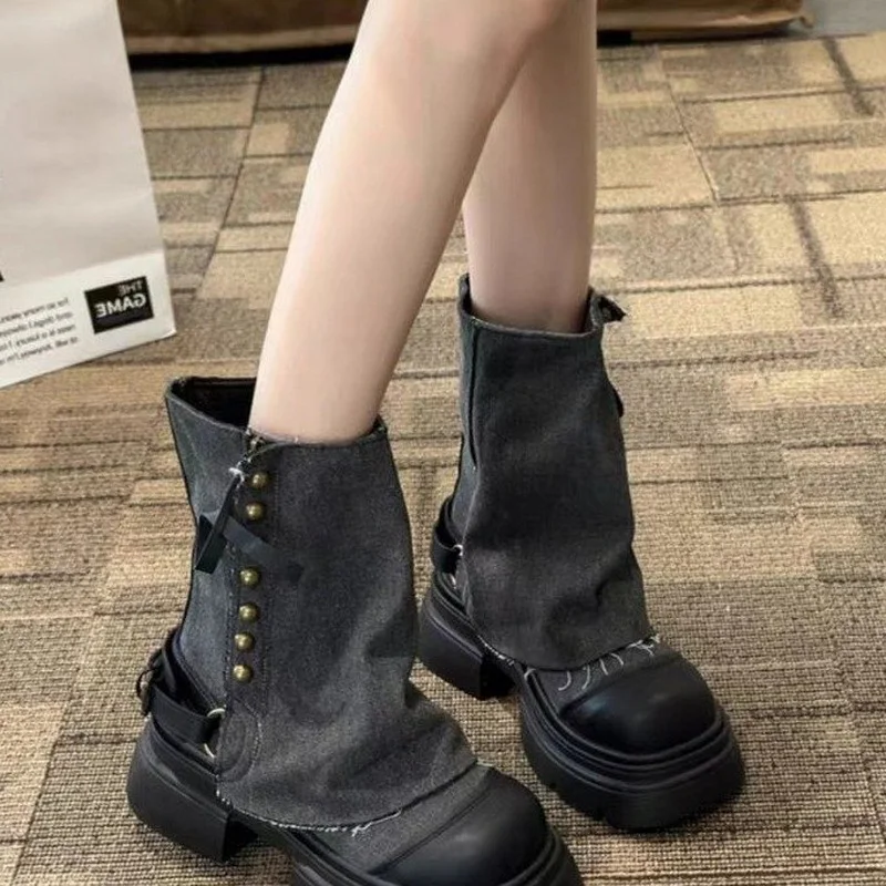Summer Women & Girls Denim Boots Fashion Thick soles Increase Thick Heels Casual Female Shoes Size 35-40
