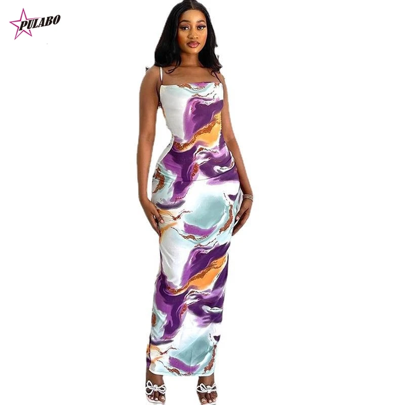 

PULABO 2024 Summer Bestseller Floral Print Backless Split Sexy Spaghetti Strap Casual Dress for Women Long Slash Neck Dresses