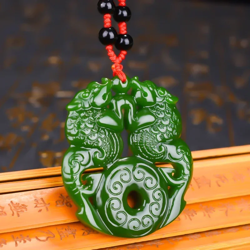 Natural Green Hand-carved Shuanglong Jade Pendant Jewelry Necklace Spinach Green Antique Pattern Shuanglong Jade Pendant