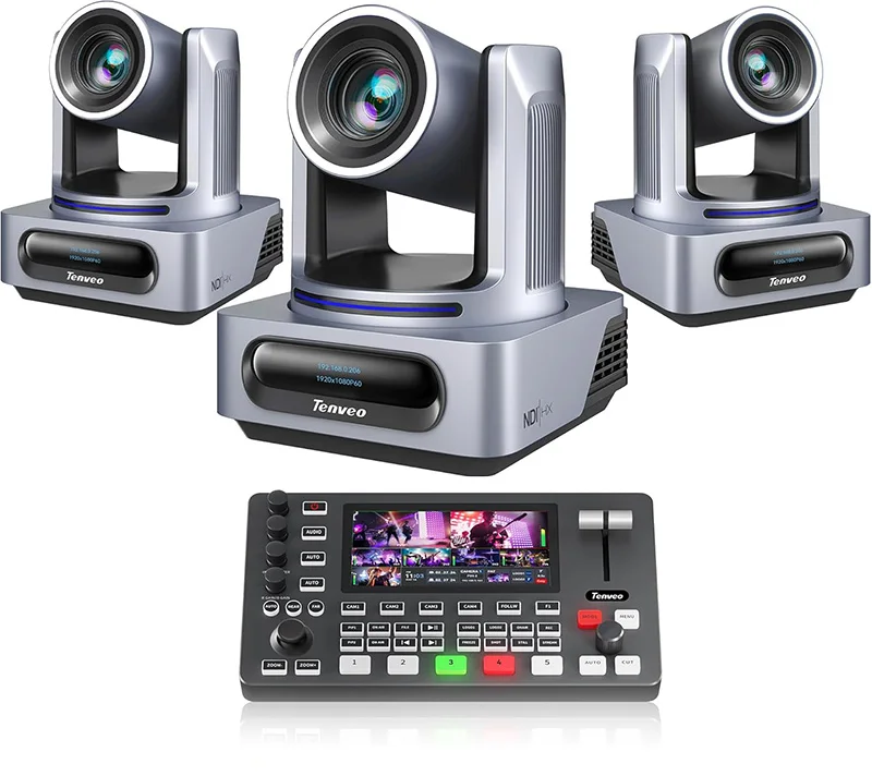 Tenveo NDI PTZ Camera Kits 20X AI Auto Tracking PTZ Camera(*3) and SDI Video Switcher Mixer for Live Events Large Broadcast