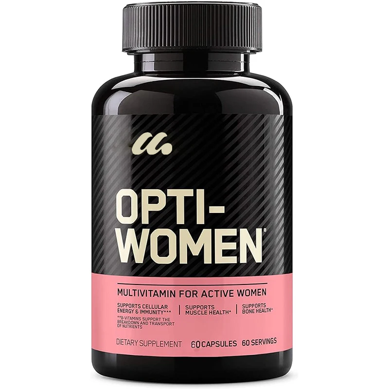 Women's daily multivitamin supplements containing vitamin C, zinc, and vitamin D include iron, capsules, and 60 capsules