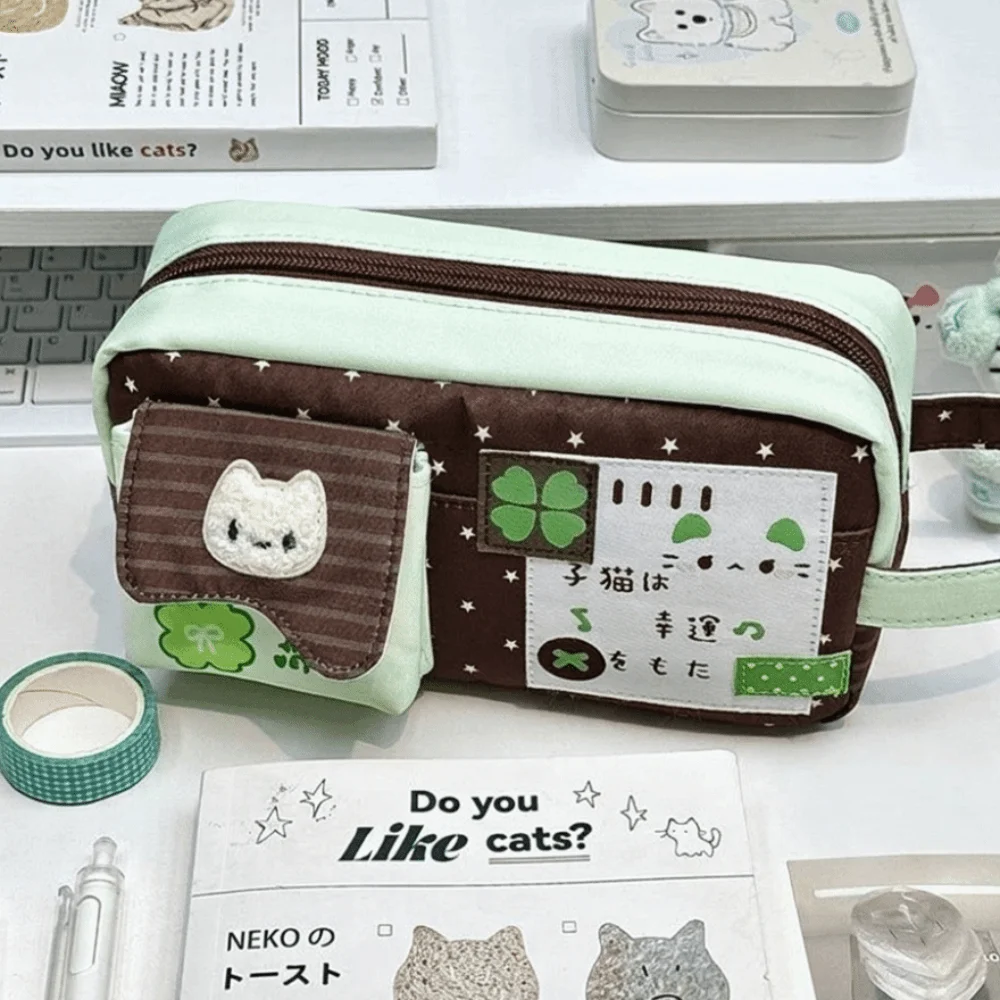 Canvas Cartoon Cat Print Pencil Case Four-Leaf Clover Print Large Capacity Stationery Bag Zipper Multi-Pocket Storage Bag School