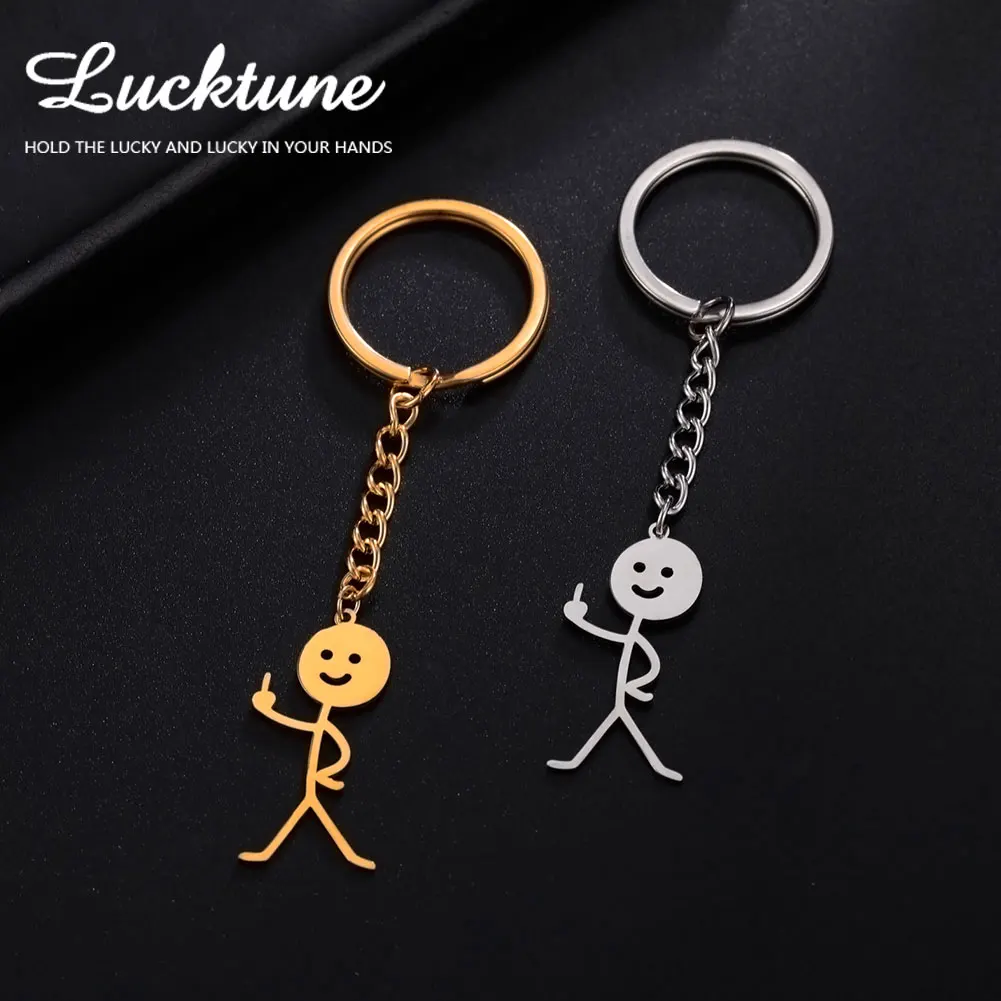 Lucktune Middle Finger Poses Couple Keychain Stainless Steel Funny Gesture Stickman Keychain for Student Bag Keyring Hiphop Gift