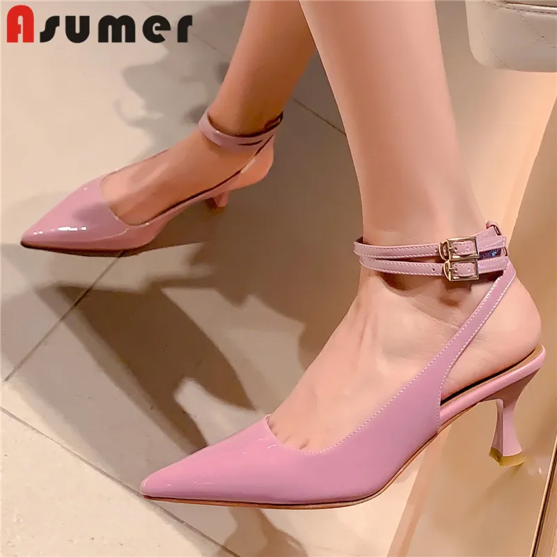 

ASUMER 2023 New Pointed Toe Sheepskin Leather Sandals Women Female Nightclub Buckle Sandals Thin High Heels Slingbacks Sandals