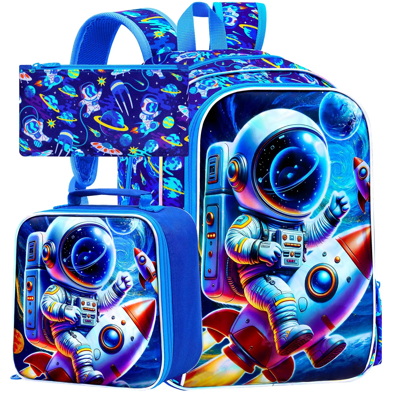 3 قطع حقائب ظهر للأولاد، حقيبة كتب للأطفال مقاس 16 بوصة مقاومة للماء للأولاد، حقيبة ظهر خفيفة الوزن مع صندوق غداء - صاروخ رواد الفضاء #1