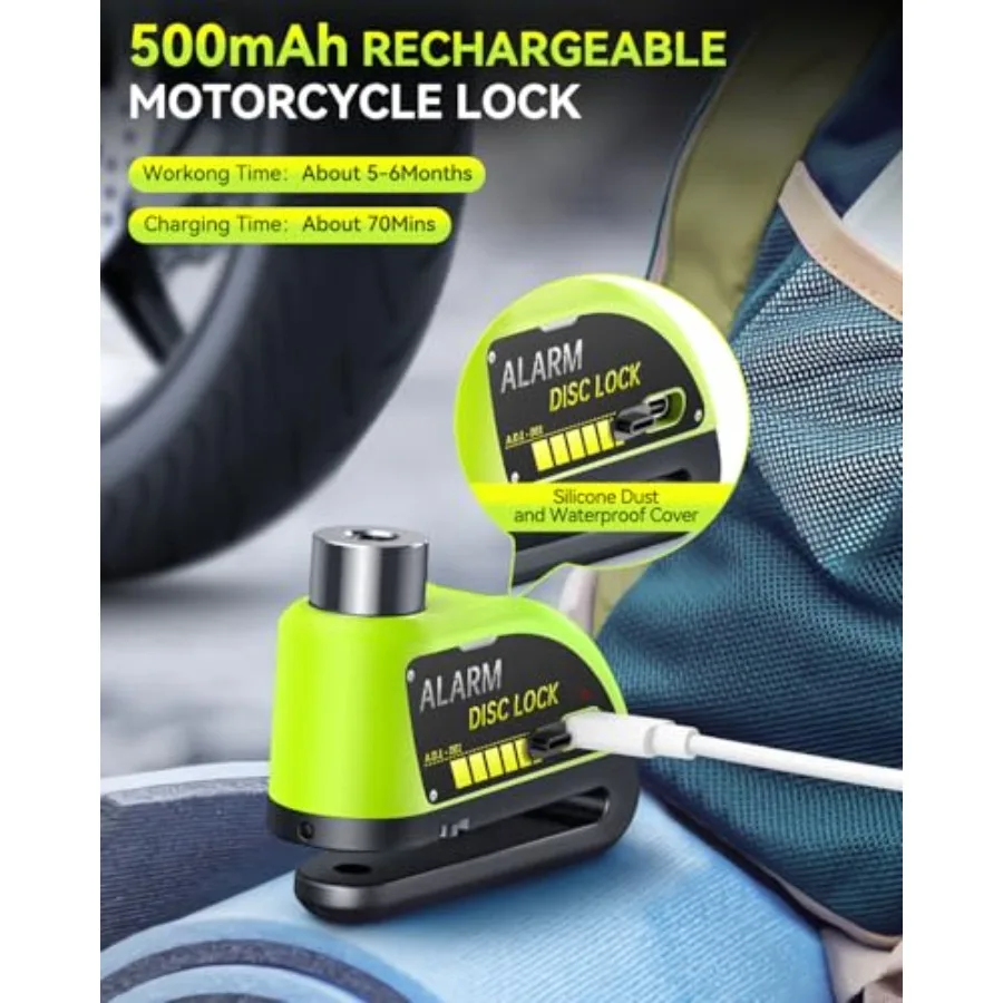 قابلة للشحن مقاوم للماء دراجة نارية مكبح قرصي قفل مع 120dB إنذار ل 7 مللي متر الفرامل الدوار وعجلة الأمن 5FT تذكير كابل أ