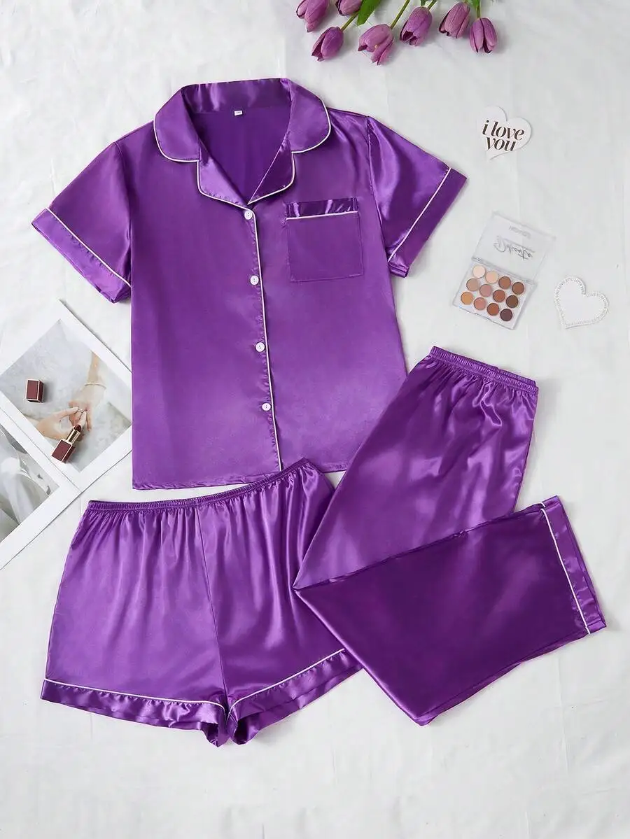 

Женский комплект пижамы из искусственного шелка, 3 предмета, фиолетовый, с контрастной отделкой