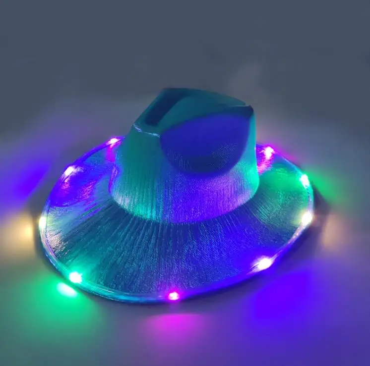 LED White Light Up Space Cowboy Hats Cowgirl Holographic Rave Fluorescent Hats With Adjustable Windproof Cord For Halloween SN