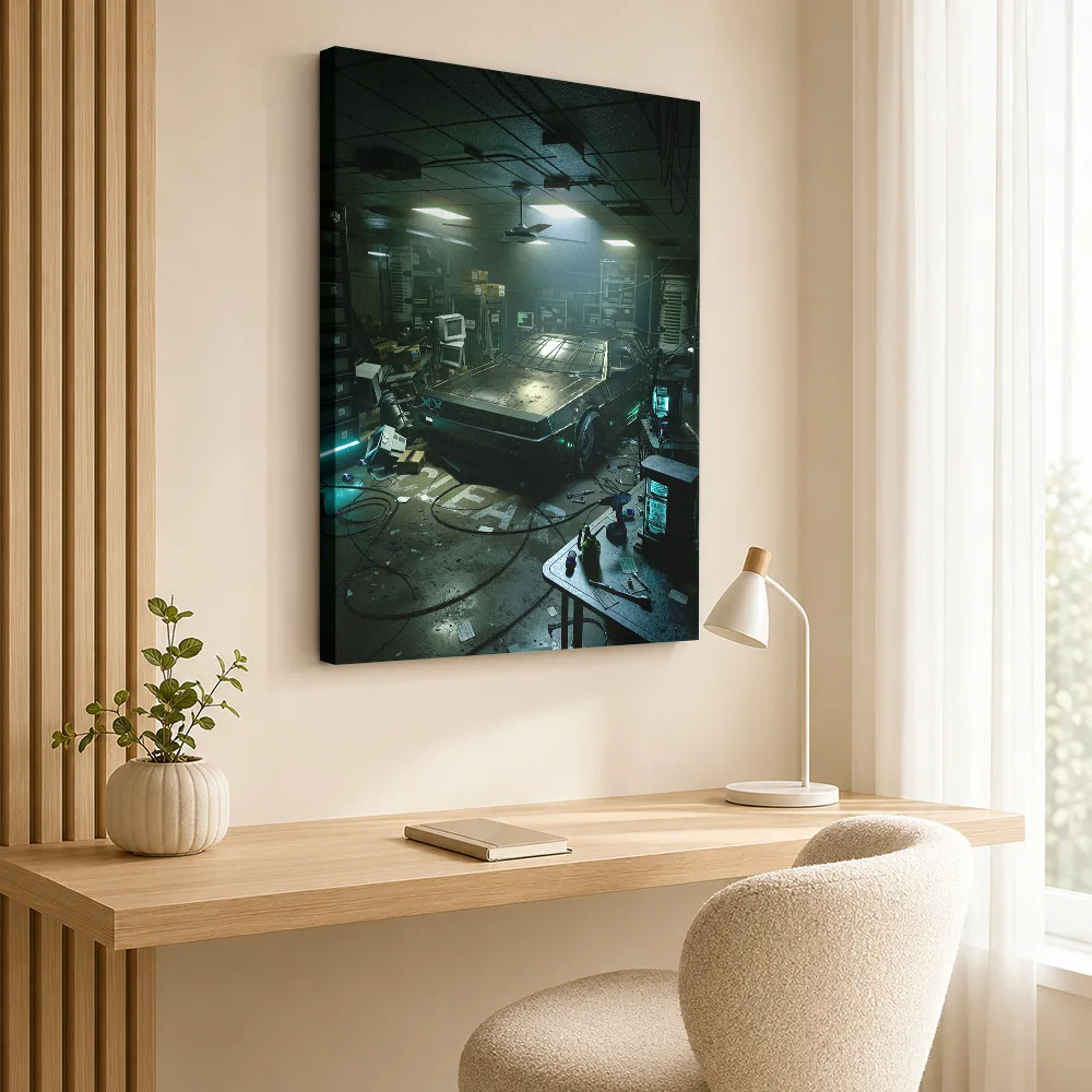 Sports Car Inside Workshop Framed Canvas Poster Customized Photo Moody Garage Lighting Wall Art For Hobby Room Racing Fan Gift