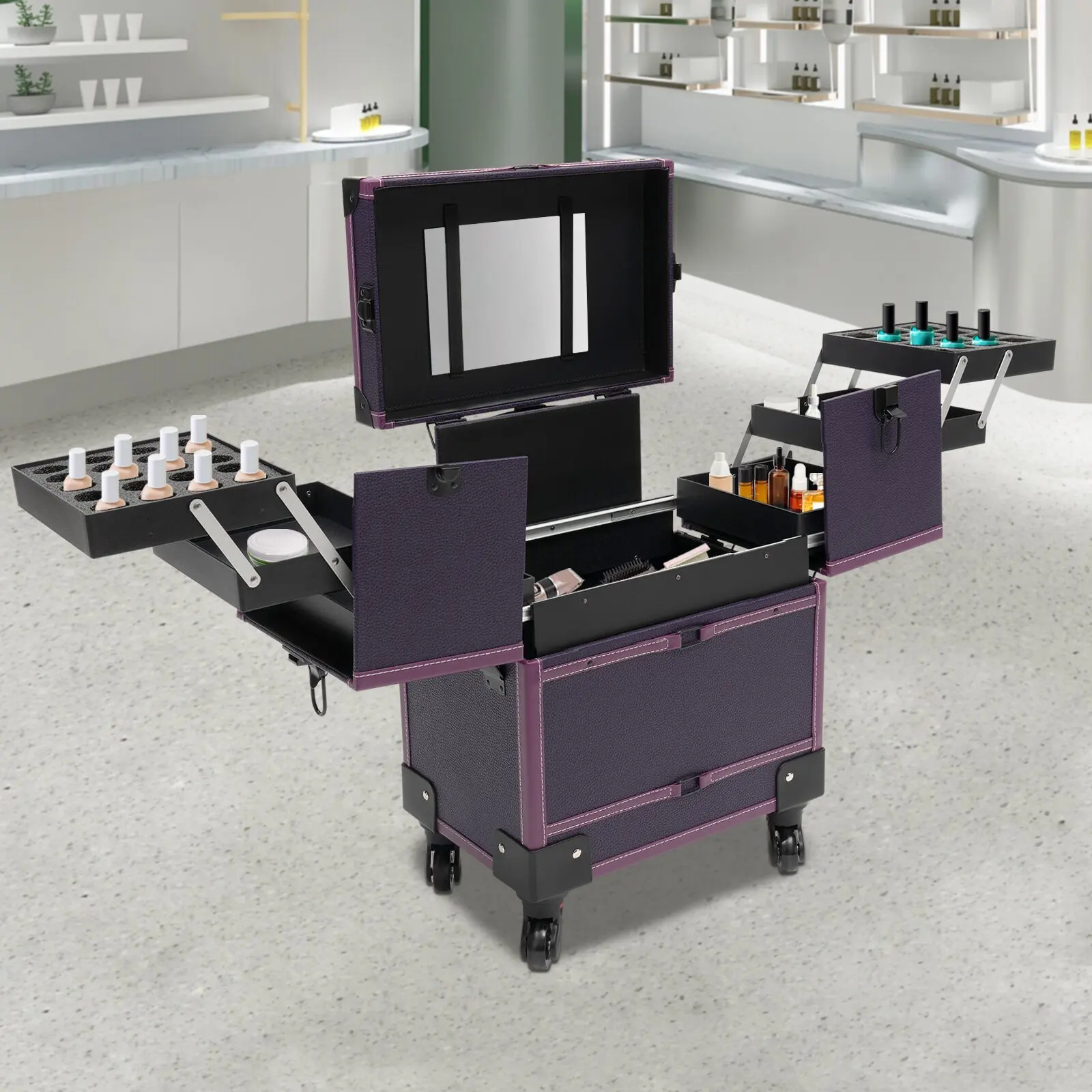 

Profi Schminkkoffer mit Rollen Kosmetik-Trolley Organizer Box 7 Fächer Spiegel inklusive