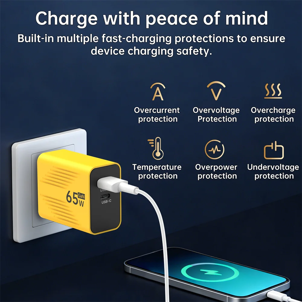 GAN Fast Charging 65W USB EU/US/UK plug QC 3.0 PD Fast charging head is suitable for Xiaomi Huawei Samsung mobile phone cha