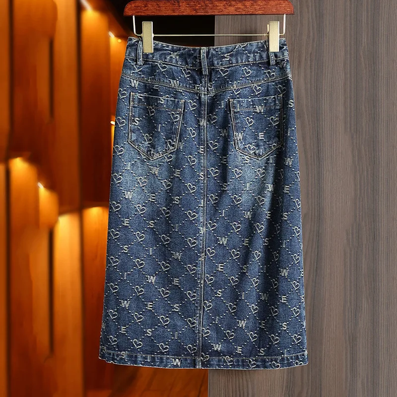 

Women's Slit Denim Skirt 2025 Autumn New High Waist Mid-length Printed Hip A-line Skirt