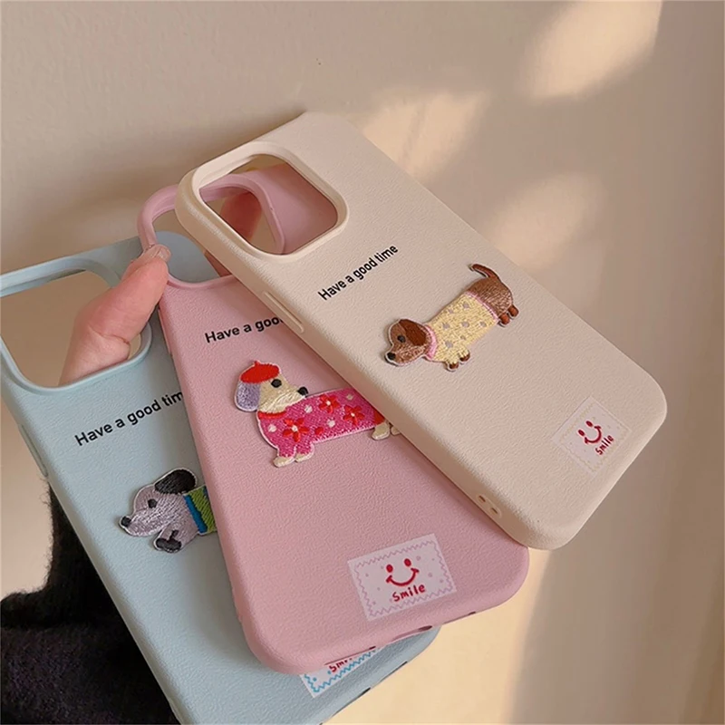 Cute Cartoon Dachshund Litchi Pattern Phone Case For iPhone 16 15 14 13 12 11 Pro Max X XR Korean Lovely Shockproof Soft Cover