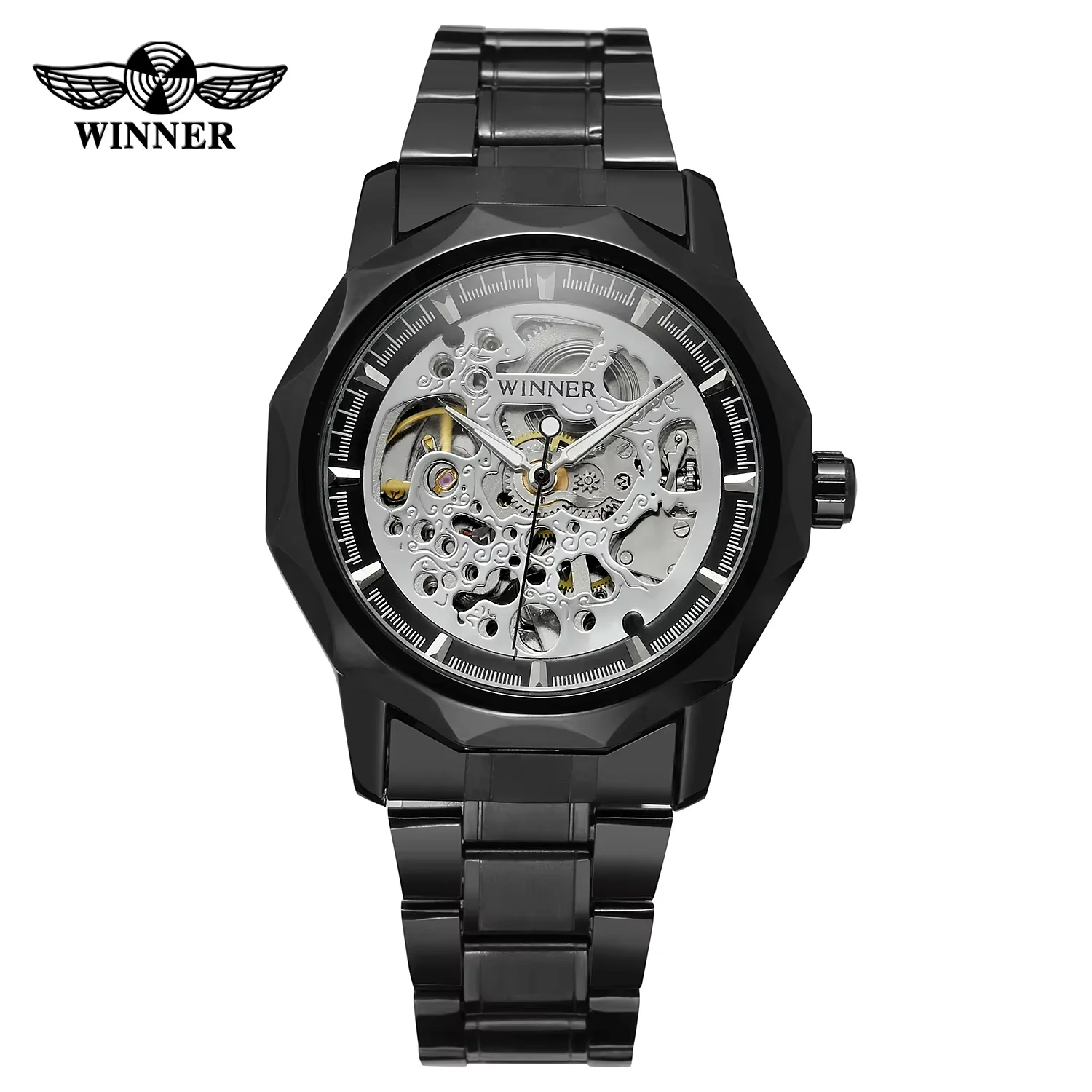 WINNER Fashion trend men's and women's watches business black stainless steel strap watches automatic mechanical wrist watches
