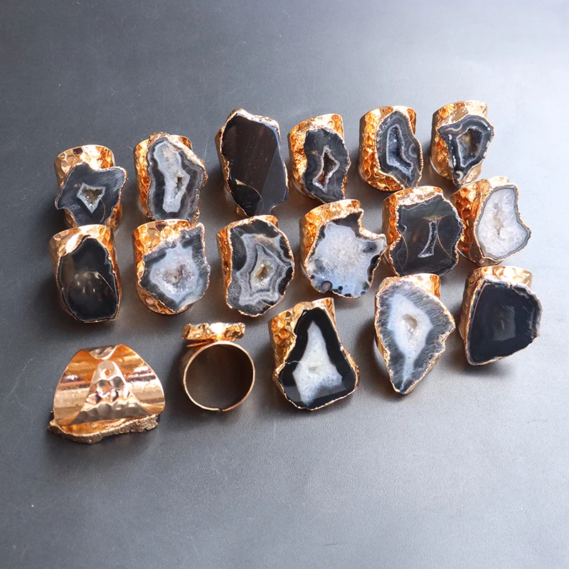 Irregular Geode Stone Agate Slices Open Ring Unisex Black Color Boho Resizable Finger Jewelry