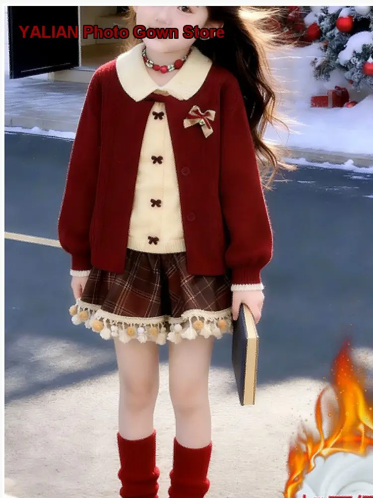 Girls Plaid Tassel Skirt Set Bow Knot New Year Wide Leg Pants Winter Dress