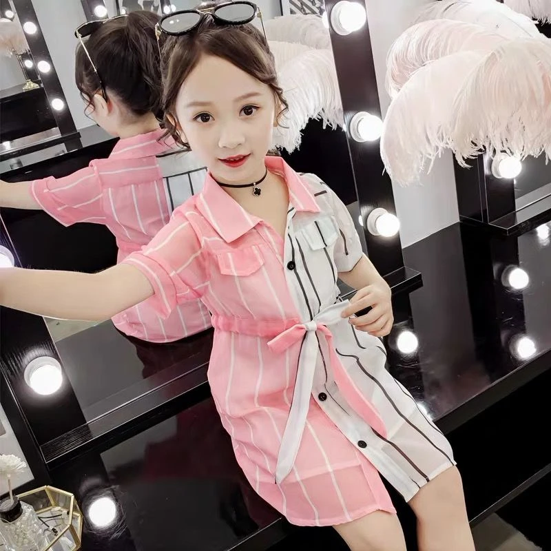 Girls Dress Summer 2025 New Wear Korea Fashion Novel Style Turn-down Collar Splicing Dress Princess 10 Tide Dress Girls 2 To 12Y