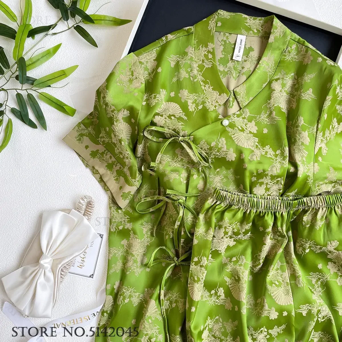 

Summer New Female Pajamas 2Pcs Set Sleepwear Chines Style Print Flower Trouser Suits Pyjama Loose Casual Silk Satin Home Wear
