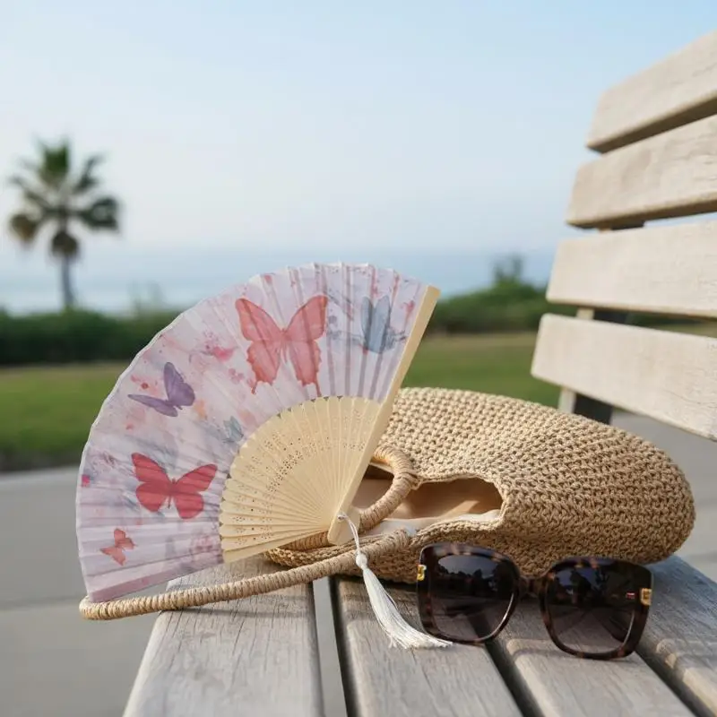 Chinese Traditional Folding Fan Butterfly Floral Handheld Fan with Tassel for Women’s Costume Decoration Summer Outing