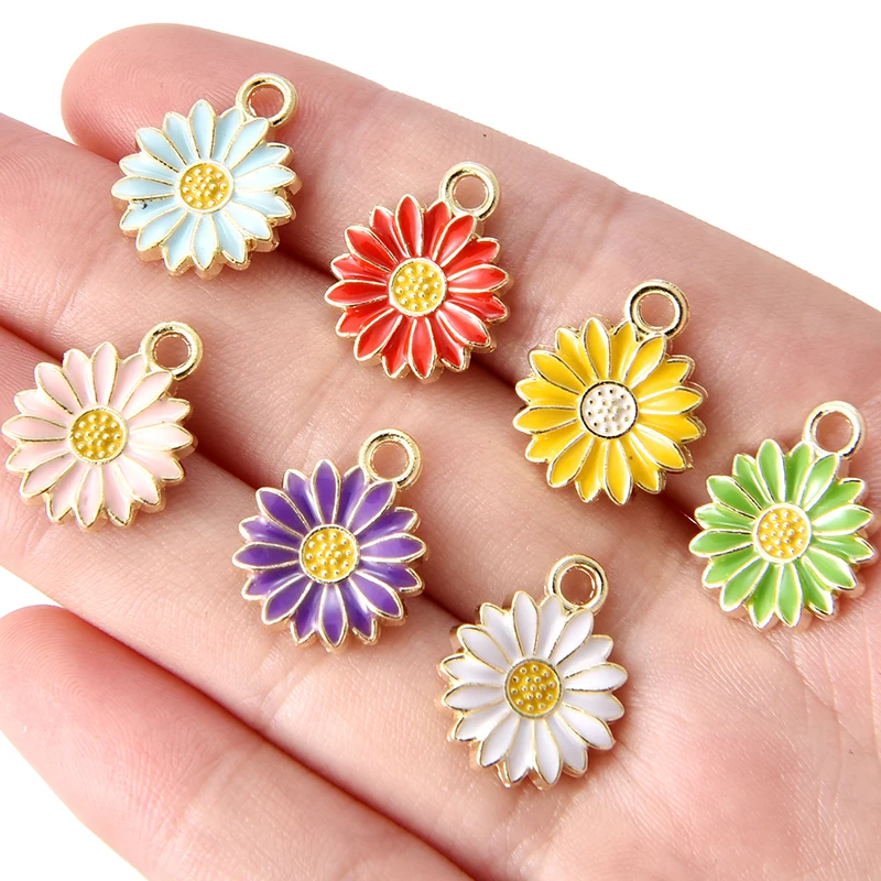 10Pcs 7Colors  Metal Drop Oil Colorblock Daisies Charm Flower Plant Pendant For DIY Fashion Bracelet Necklace Jewelry Making