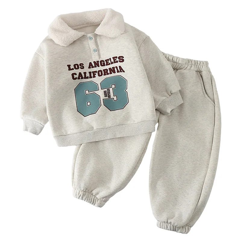 2026 Winter Children Fleece Clothes Set Boys Sweatshirt + Pants 2pcs Suit Plus Velvet Thick Kids Girls Letter Print Dress 1-8 Y