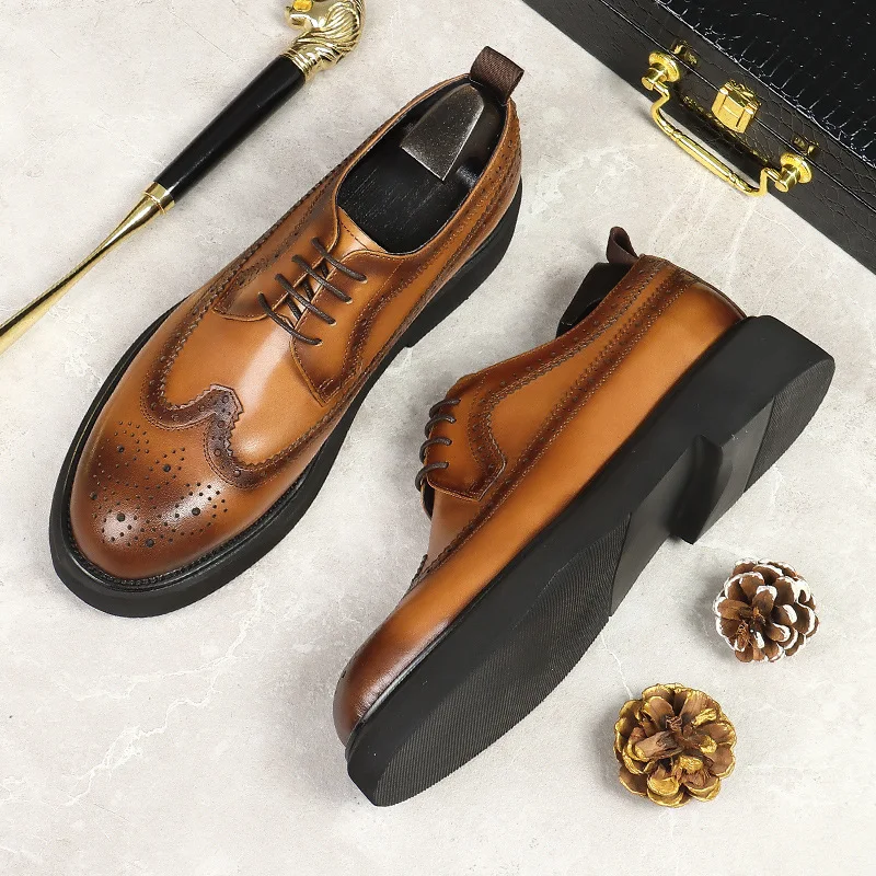 

British Brogues Men's Formal Shoes Thick Sole Oxford Leather Derby Wedding Shoes