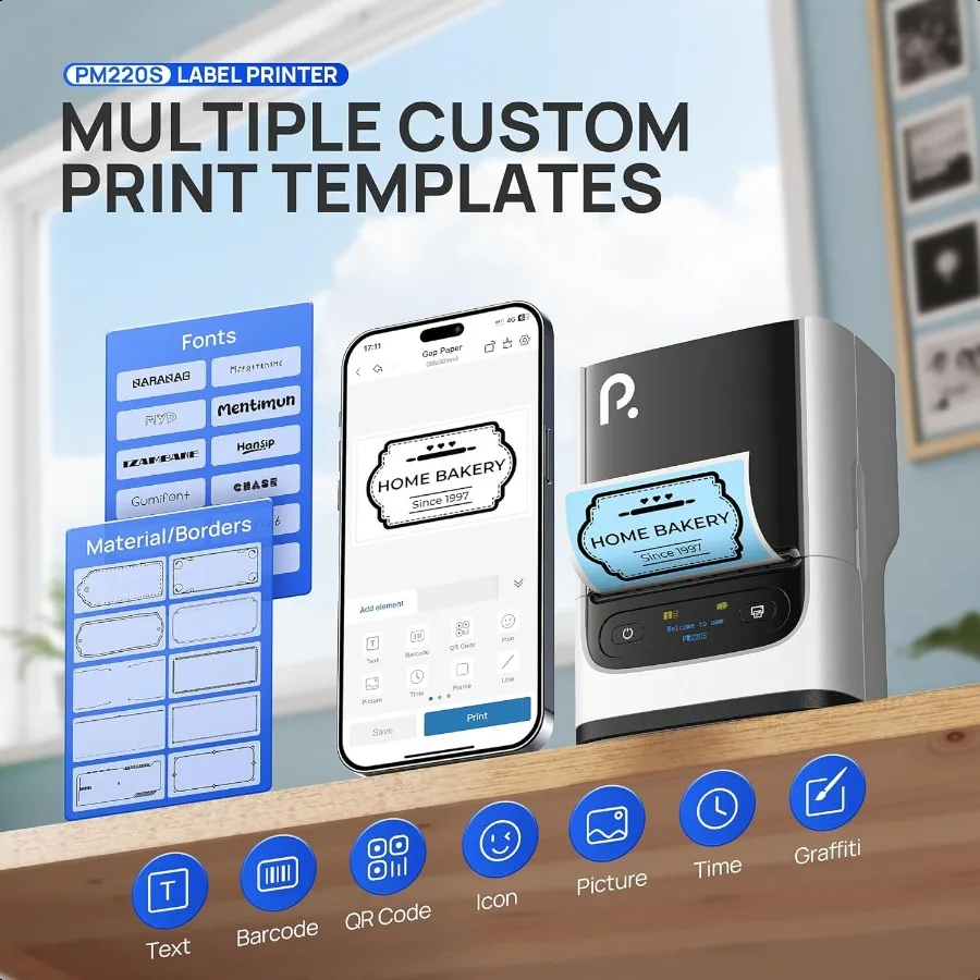 PM220S 라벨 프린터 테이프 포함 2인치 블루투스 열전사 라벨 프린터 휴대용 스티커 프린터 학교 사무실 가정 비즈니스용