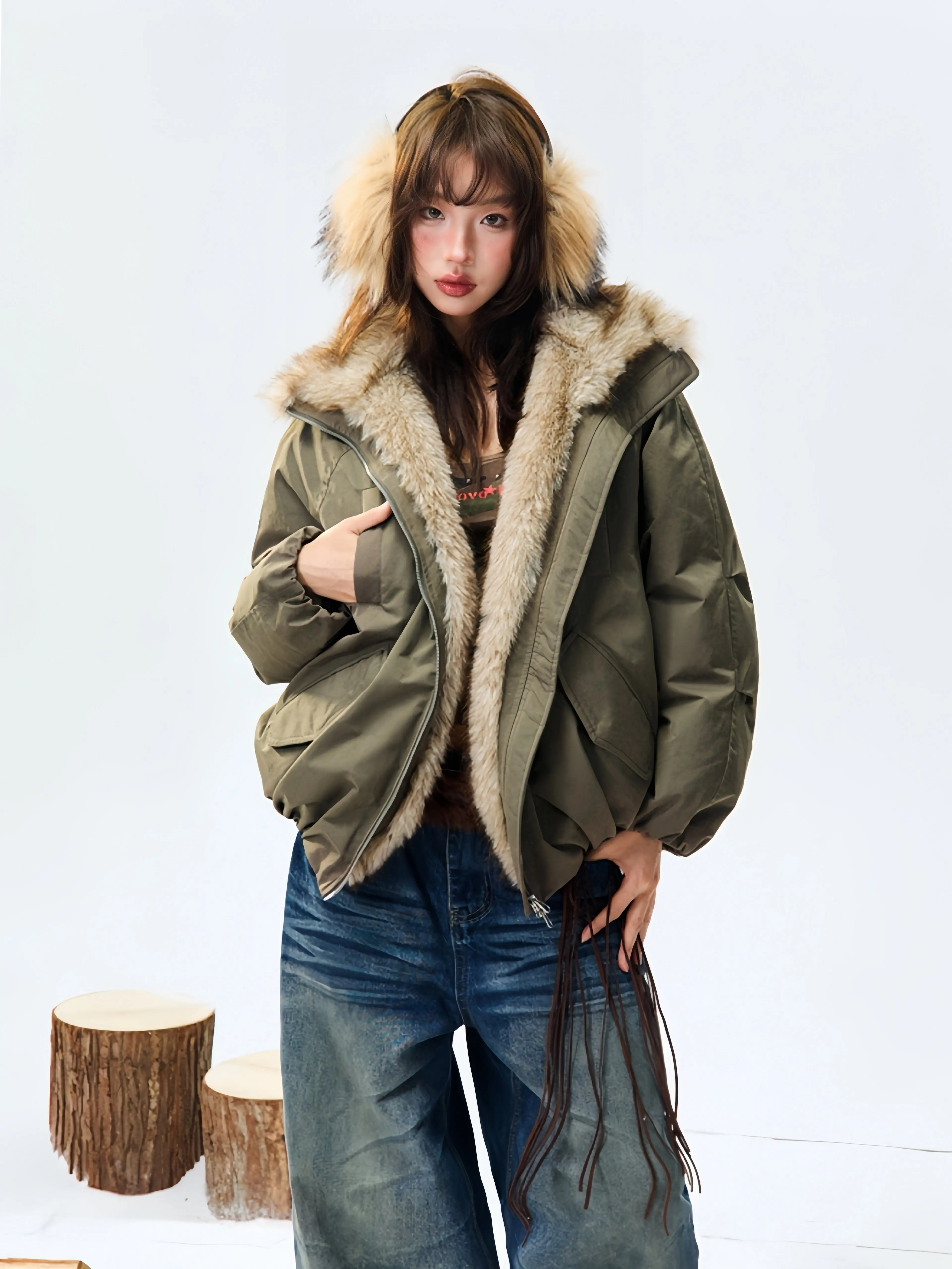 American Retro Fur Collar Jacket Winter Short Campus Style Thickened Hooded Cotton Design Ins Large Size Women's Coat